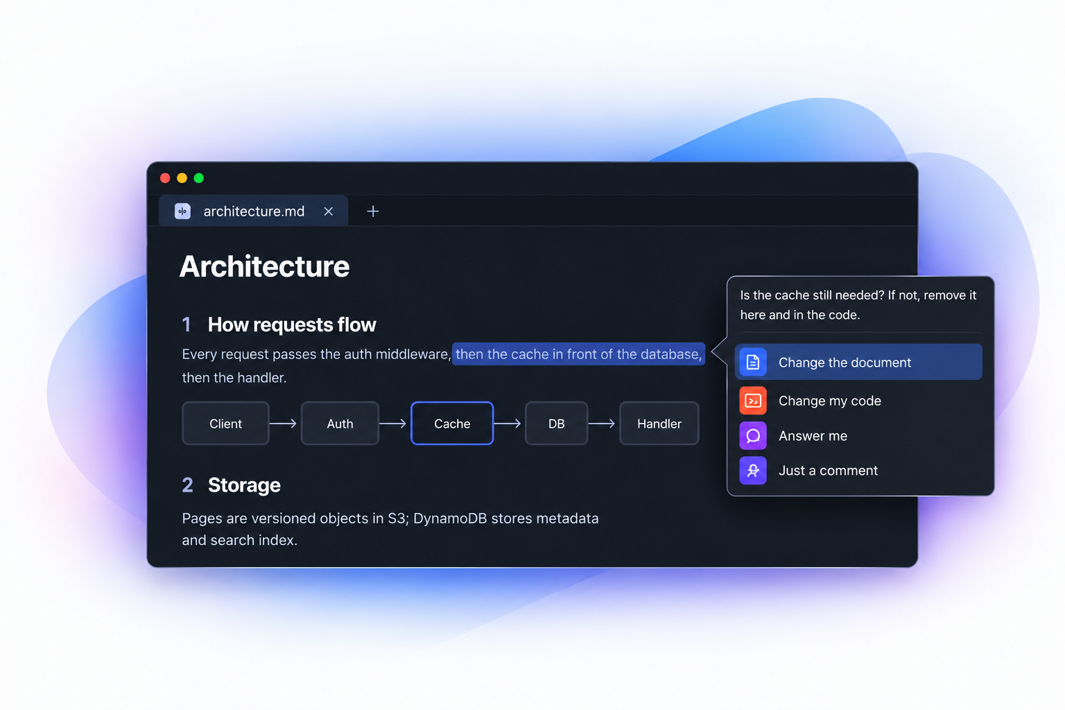 Pen Wiki in VS Code: a sentence selected, a comment typed on it, and the kinds of answer to choose from